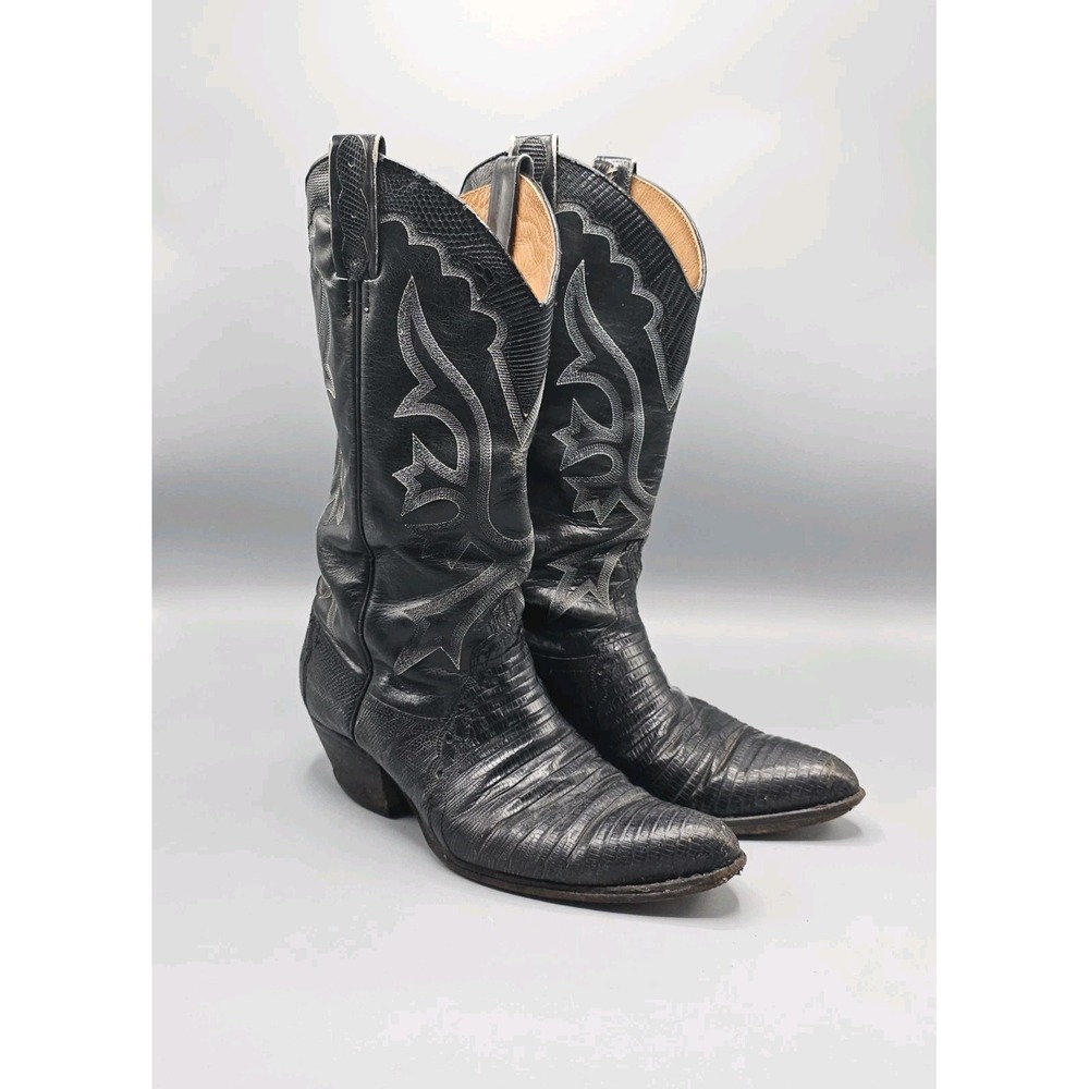 Vintage Dan Post Black Leather Teju Lizard Boots Mens 9D 6655 Made In Spain